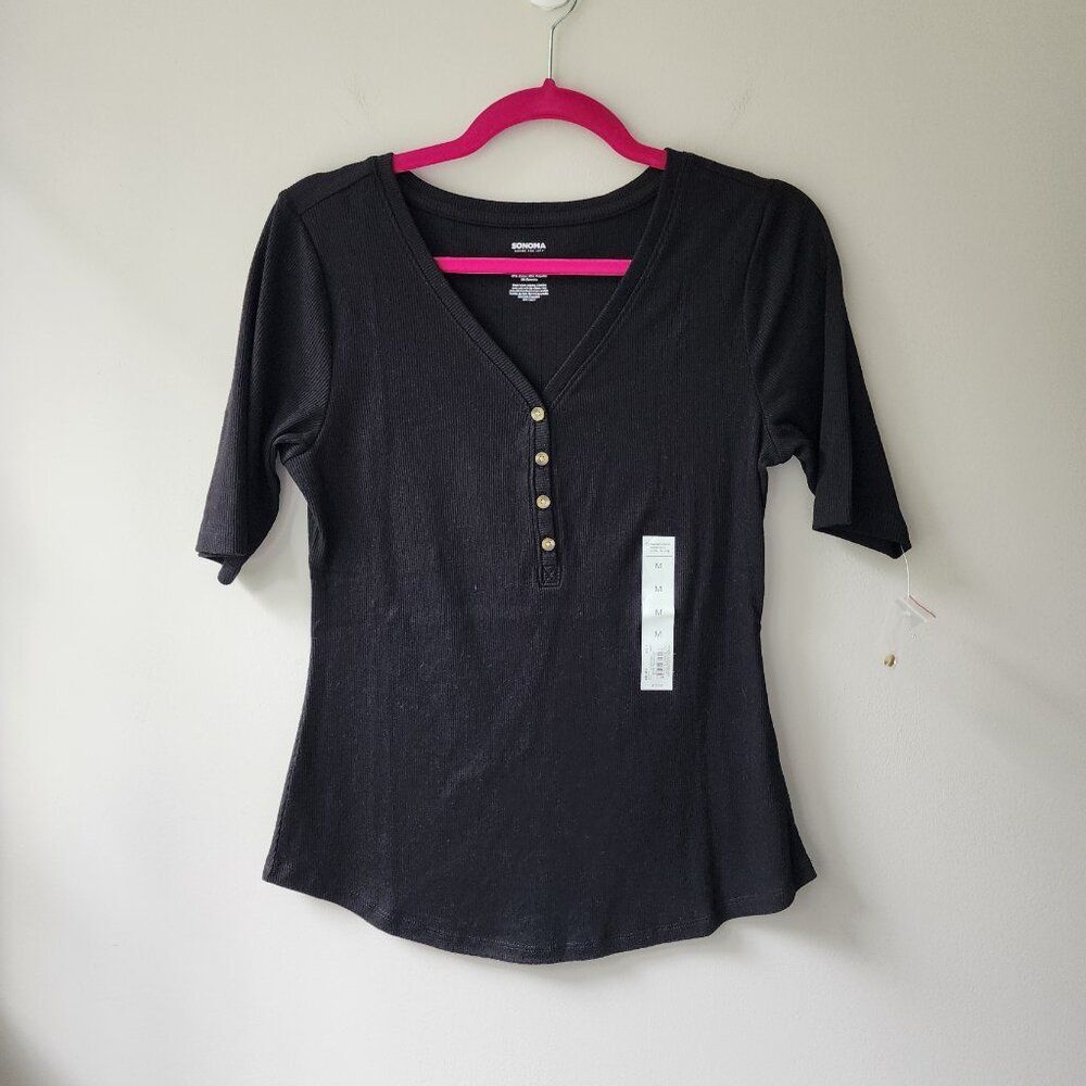 Sonoma Fitted T-Shirt | 3/4 Length Sleeves | Henley Style | Black Size Medium